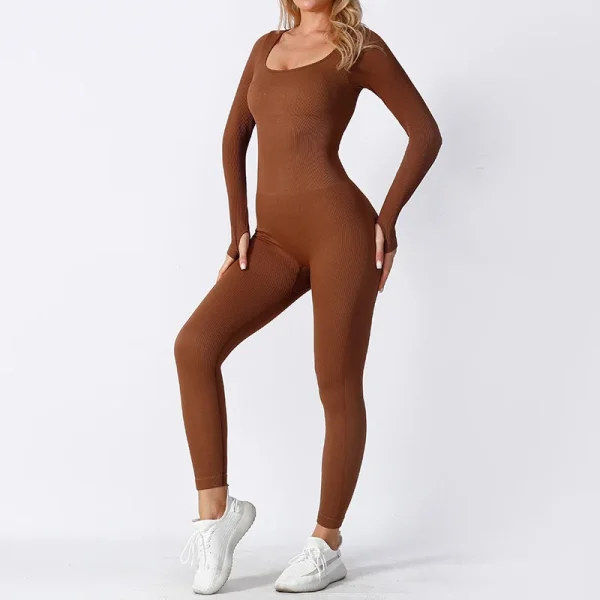 Women Skinny Jumpsuit Solid Color Ribbed Knit Long Sleeve Square Neck Bodycon Jumpsuit Romper Work Out Sport Yoga Playsuits - Image 2