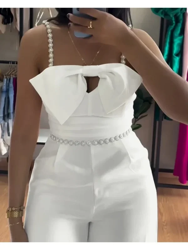 Spring New Jumpsuit Women Bandeau Beaded Spaghetti Strap Bowknot Design Ruched Slim Fit Elegant Wide-Leg Overall Female Jumpsuit - Image 3