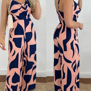 Casual Overall Spaghetti Strap Pocket All Over Print Swing Collar Sleeveless Allover Print High Waist Wide Leg Loose Jumpsuit