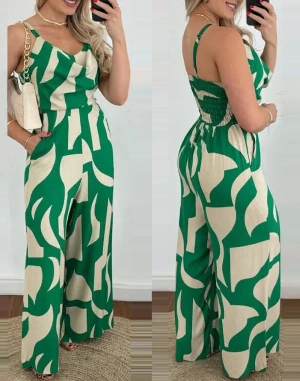 Casual Overall Spaghetti Strap Pocket All Over Print Swing Collar Sleeveless Allover Print High Waist Wide Leg Loose Jumpsuit - Image 4