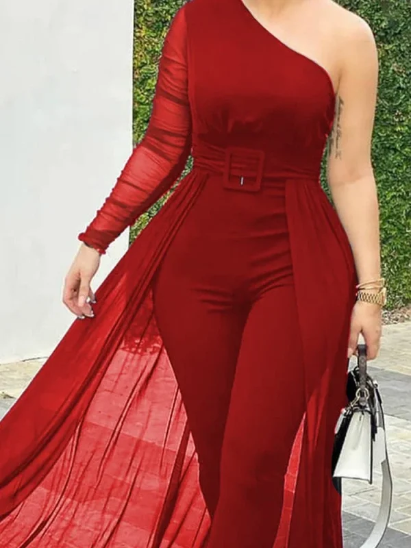 Women Fashion Casual One Shoulder Plain Sheer Mesh Jumpsuit Elegant Long Sleeve Chic Mesh Solid Patchwork Y2K Streetwear Female - Image 2