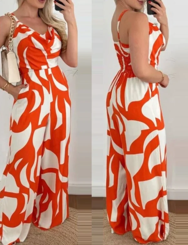 Casual Overall Spaghetti Strap Pocket All Over Print Swing Collar Sleeveless Allover Print High Waist Wide Leg Loose Jumpsuit - Image 3