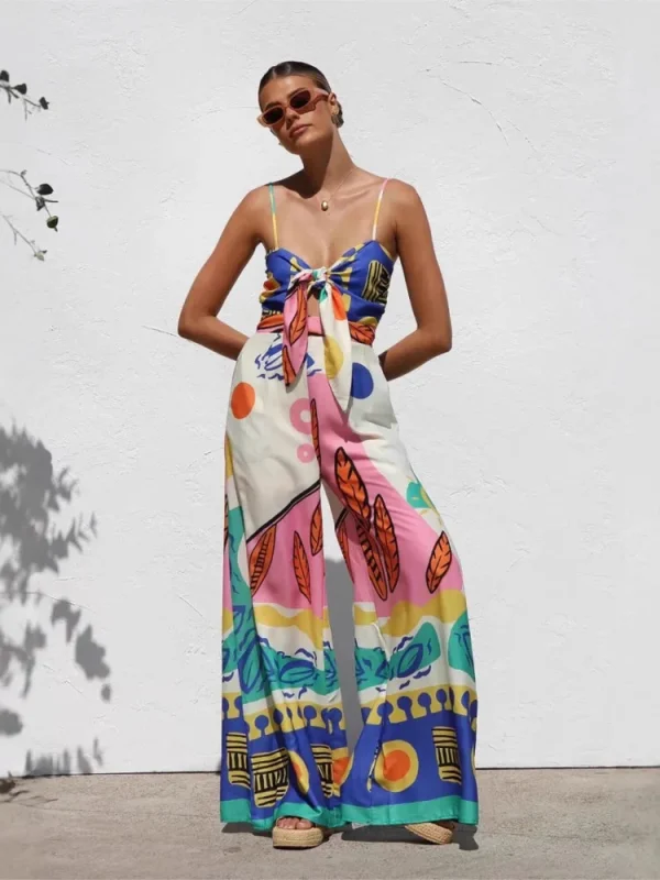 Spring Summer Print Spaghetti Strap Jumpsuits Women Fashion Sexy Hollow Out Leace-up High Waist Wide Legs Jumpsuit Bohemian New - Image 3
