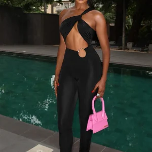 Weird Puss Sexy Hollow Jumpsuits Women Irregular Single Shoulder Strap Sleeveless Skinny Peach Hip Midnight Fashion Overalls