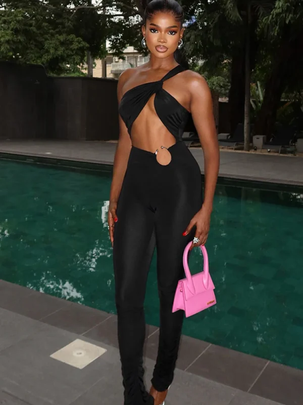 Weird Puss Sexy Hollow Jumpsuits Women Irregular Single Shoulder Strap Sleeveless Skinny Peach Hip Midnight Fashion Overalls