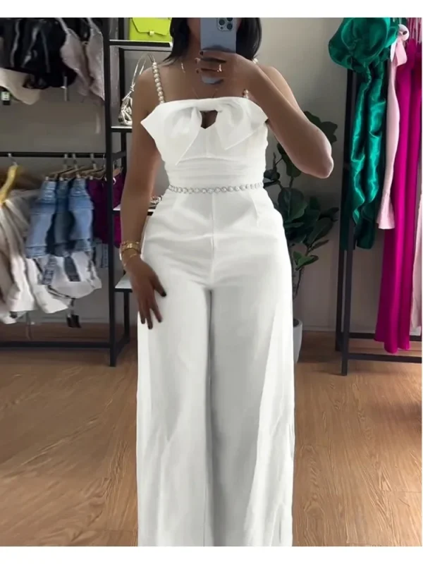 Spring New Jumpsuit Women Bandeau Beaded Spaghetti Strap Bowknot Design Ruched Slim Fit Elegant Wide-Leg Overall Female Jumpsuit - Image 5