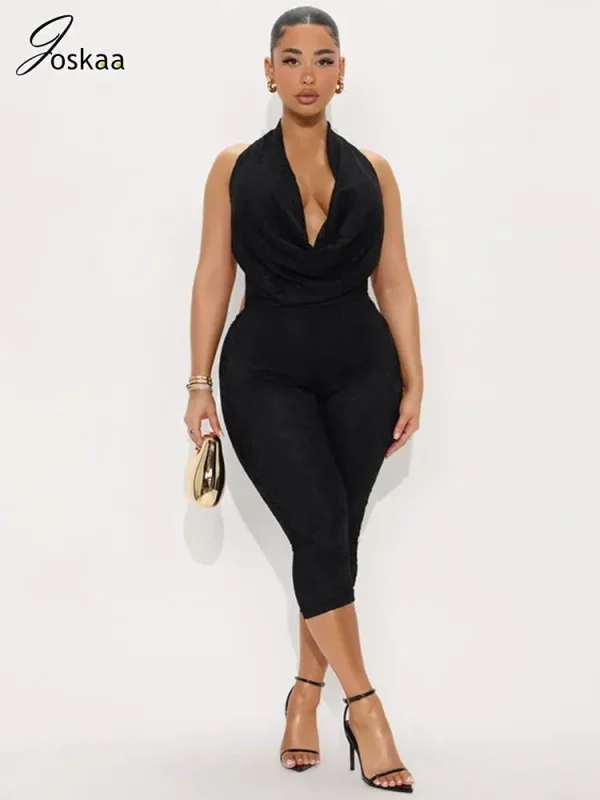 Joskaa 2025 Summer Lace Swing Collar Capri Pants Jumpsuits Women Sexy Halter Backless Bandage Skinny Rompers Midnight Clubwear - Image 3