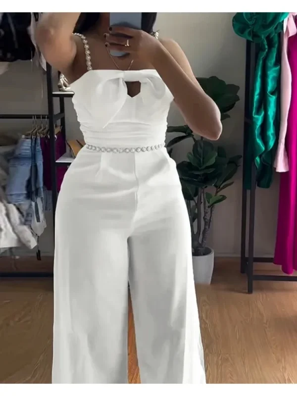 Spring New Jumpsuit Women Bandeau Beaded Spaghetti Strap Bowknot Design Ruched Slim Fit Elegant Wide-Leg Overall Female Jumpsuit - Image 6