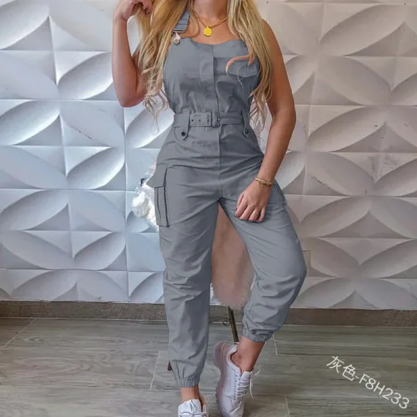 Autumn Women's Clothing Bodysuit Jumpsuit 2023 Simple Zipper Cargo High Waisted Conjoined Body Pants Sleeveless Strap Trousers - Image 2