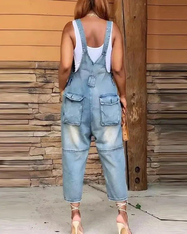 2025 Denim Jumpsuit Women's Overall Fashion Split Loose Wide Leg Pocket Button Slim Blue Suspenders Vintage Women's jumpsuit - Image 2