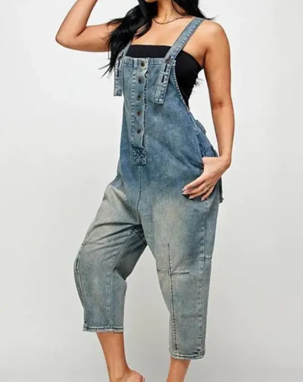 2025 Denim Jumpsuit Women's Overall Fashion Split Loose Wide Leg Pocket Button Slim Blue Suspenders Vintage Women's jumpsuit - Image 4
