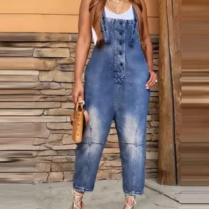 2025 Denim Jumpsuit Women's Overall Fashion Split Loose Wide Leg Pocket Button Slim Blue Suspenders Vintage Women's jumpsuit