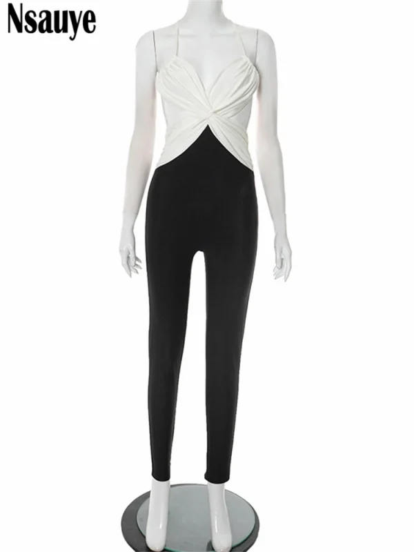 Nsauye High Waisted Bodycon Women Sexy One Pieces Fashion Y2K V Neck Jumpsuit Top Summer 2025 Club Overalls Bodysuit Low Cut Out - Image 2
