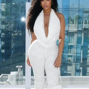 Joskaa 2025 Summer Lace Swing Collar Capri Pants Jumpsuits Women Sexy Halter Backless Bandage Skinny Rompers Midnight Clubwear