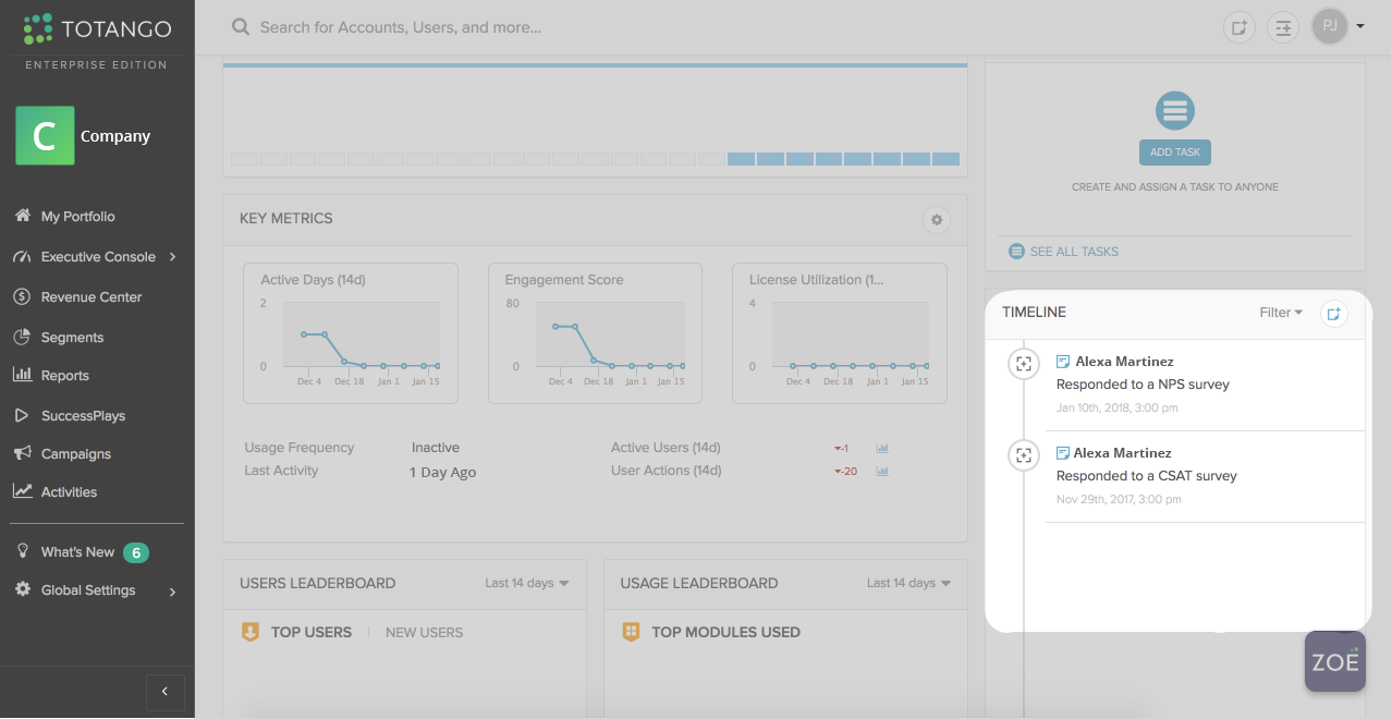 Tatango dashboard with Wootric NPs timeline feed