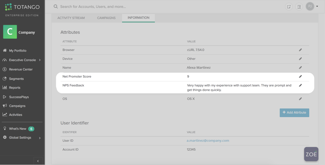 Wootric data in Totango user object