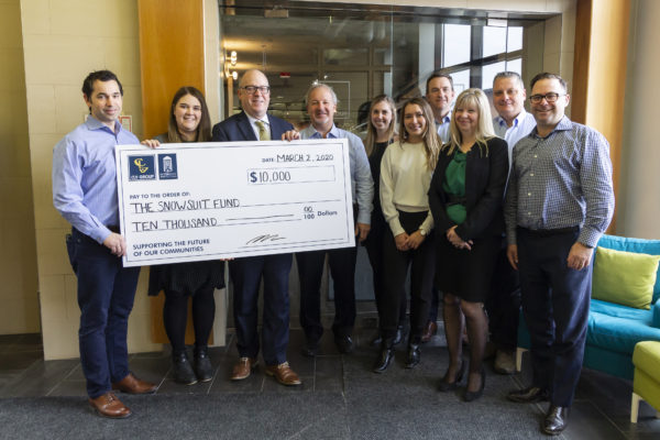 Left to Right: Oz Drewniak, Danielle Baron, Martin G. Massé (The Snowsuit Fund, Board Member), Mike McGahan, Ashley Peeling, Kelly Dorval, Curt Millar, Julie Stanaghan, David Nevins and Brad Cutsey.