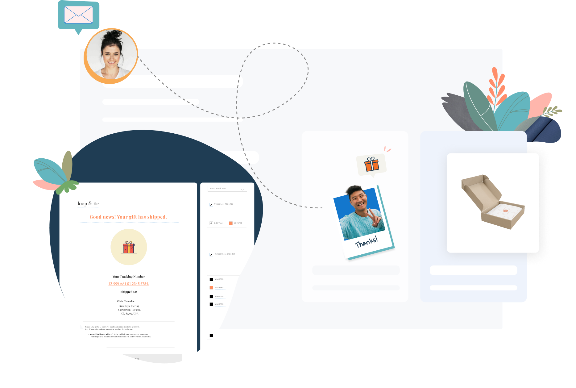 Group 987 Illustration showing branding and customization features of Loop & Tie's gifting solution.