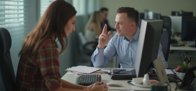 How to Manage Distractions: 13 Ways to Stay Focused A woman at a desk trying to work while a coworker is talking illustrates how to manage distractions