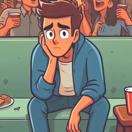 A cartoon of a guy who needs situational anxiety treatment, sitting along and nervously at a party.