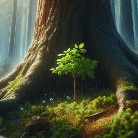 An image representing symbiosis in nature as a large tree protects a sapling.