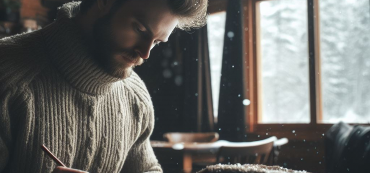 The Artist’s Way: Morning Pages Are a Therapeutic Brain Dump A man writing in a cabin while is snows outside.
