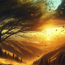A tree blowing in the wind in an open field.