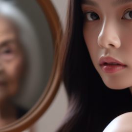 A young woman wondering how to age slower as an older version of herself looks at her through a mirror.