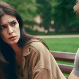 Two friends spotting body language cues for lying with another person on a bench.