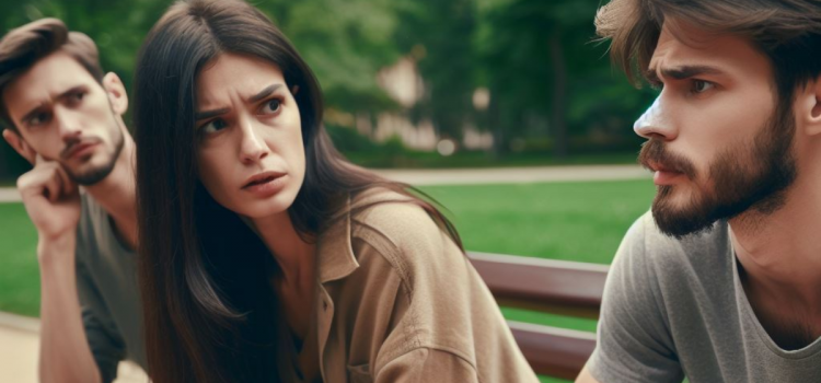 Two friends spotting body language cues for lying with another person on a bench.
