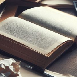 An open book on a messy desk topped with papers.