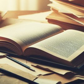 An open book on a messy table.