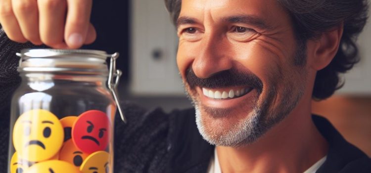 How to Stop Emotional Suppression: Embrace Your Feelings A man giving into emotional suppression by bottling up his emotions with a smile on his face.