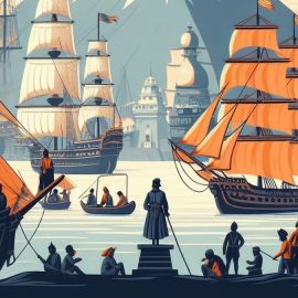 The rise of East India Company illustrated with soldiers and ships on water.