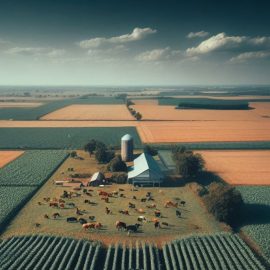 A wide shot of a farm field with a barn as an alternative to pesticides.