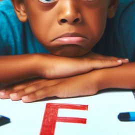 A sad boy with a paper labeled "F," failing to overcome a fear of failure
