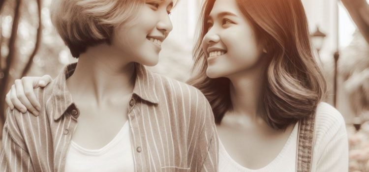 How Dopamine Affects Behavior: Romance and Creativity A lesbian couple smiling, showing how dopamine affects behavior.