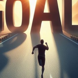 A silouette of a person dreaming big as they chase a giant version of the word "GOAL" on the road.