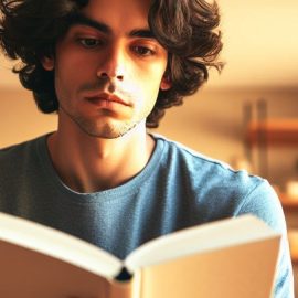 A man holding and reading a book with shelves in the background.