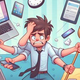 A cartoon of a man juggling chores and work for his job.
