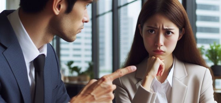Assholes at Work: Robert I. Sutton’s Tips on What to Look Out For A man acting like an asshole at work by pointing at an upset employee.