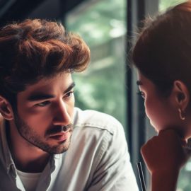 A man mixing truth with lies as he talks to a woman.