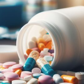 A bottle of pills spilled on the table.