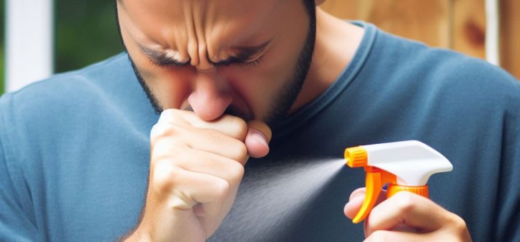 The Harmful Effects of Pesticides on Humans and Animals A coughing man holding a spray bottle andexperiencing a harmful effect of pesticides on humans.