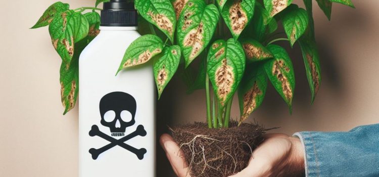 The Top 3 Disadvantages of Pesticides (Rachel Carson) A hand holding a dying plant next to a poison bottle, demonstrating the disadvantages of pesticides.