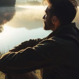 A man enjoying solitude by sitting next to a lake.