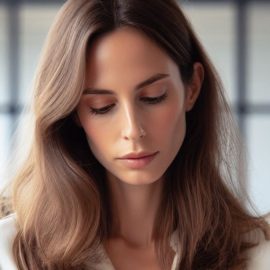 A sad woman looking down slightly who needs self care for grief.