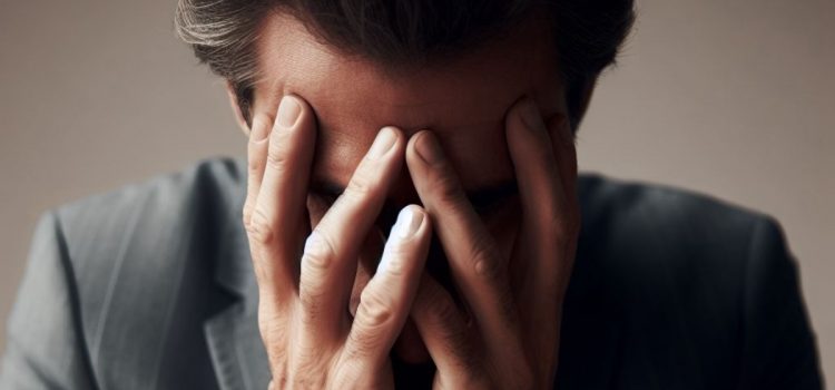 Low Mood and Anxiety Self-Care Tips From Dr. Julie Smith A man with low mood and anxiety, burying his face in his hands.