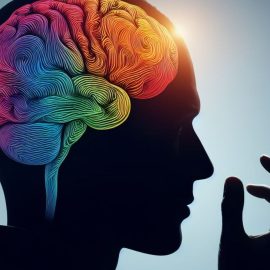 A silouette of a human head with parts of their brain as different colors.