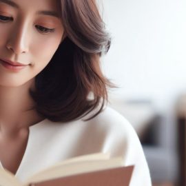 A woman holding and reading a book with a bright window in the background.